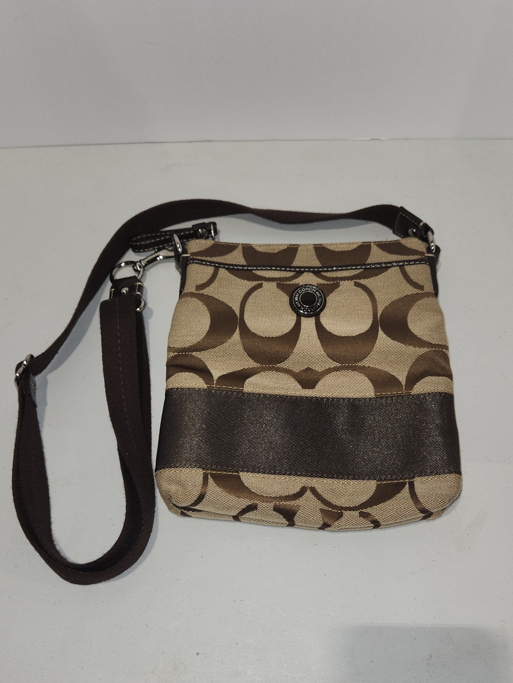 Coach Signature Print Stripe Swing Pack Crossbody Bag Khaki Tan